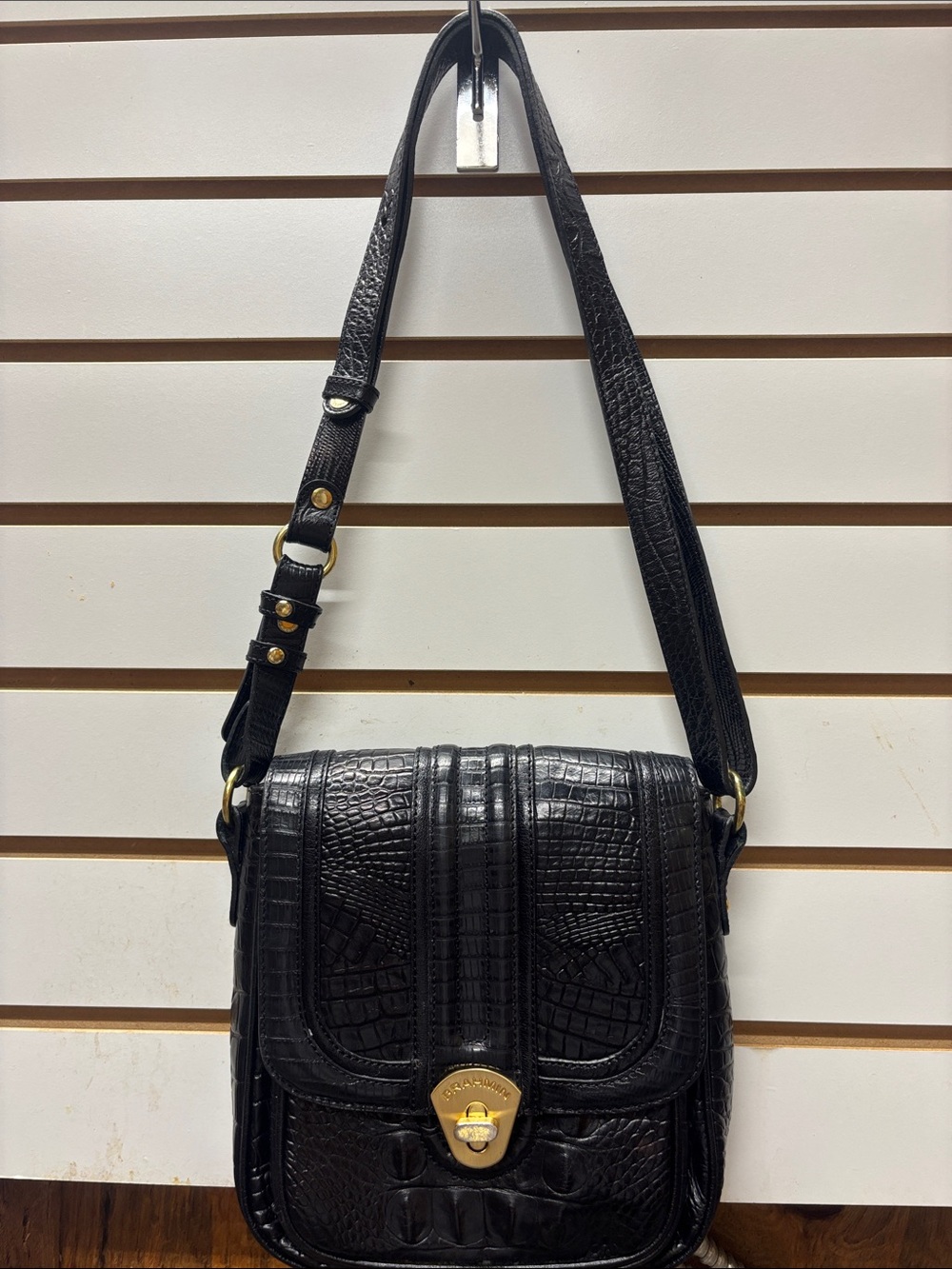 Brahmin Black Croc-Embossed Leather Crossbody with Gold-Tone Hardware